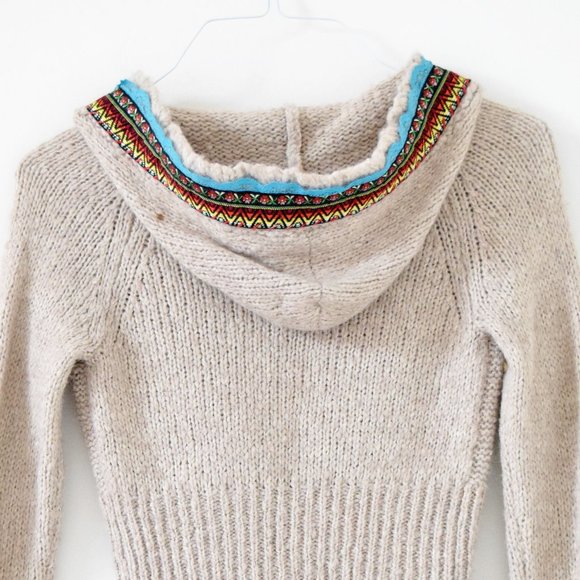 FREE PEOPLE Tan Klara Wool Cable Knit Embroidered Trim Button Cardigan | Size XS - Picture 6 of 11